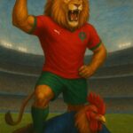 A victorious Moroccan lion stands triumphant over a defeated French rooster