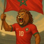 Lion wearing a Moroccan National soccer jersey waving a Moroccan flag
